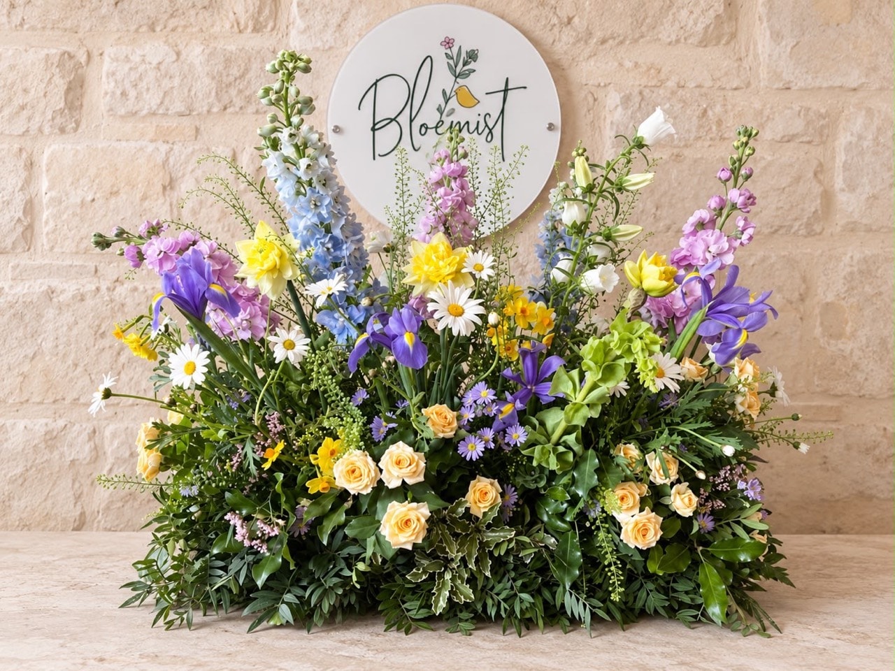 A natural Bloemist arrangement with purple irises, yellow roses, daisies and seasonal greenery against a cream stone wall